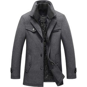 Men's Gentle Layered Collar Single Breasted Quilted Lined Wool Blend Pea Coats